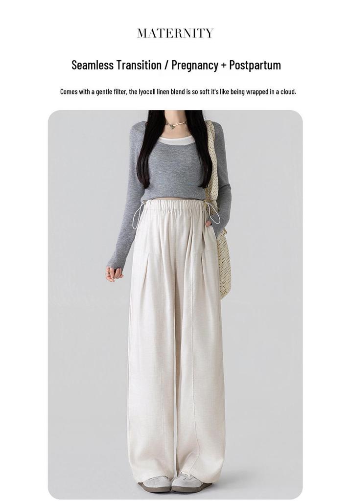Real Shot Maternity Lyocell Tencel Linen Drawstring Straight Wide-Leg Pants – Non-Supportive, Comfortable Fit