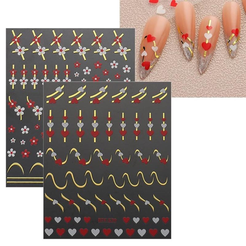 Flower Nail Stickers,Adhesive 3D Nail Decals Lines Heart Nail Art Stickers Summer Nail Design Nail Art Accessories