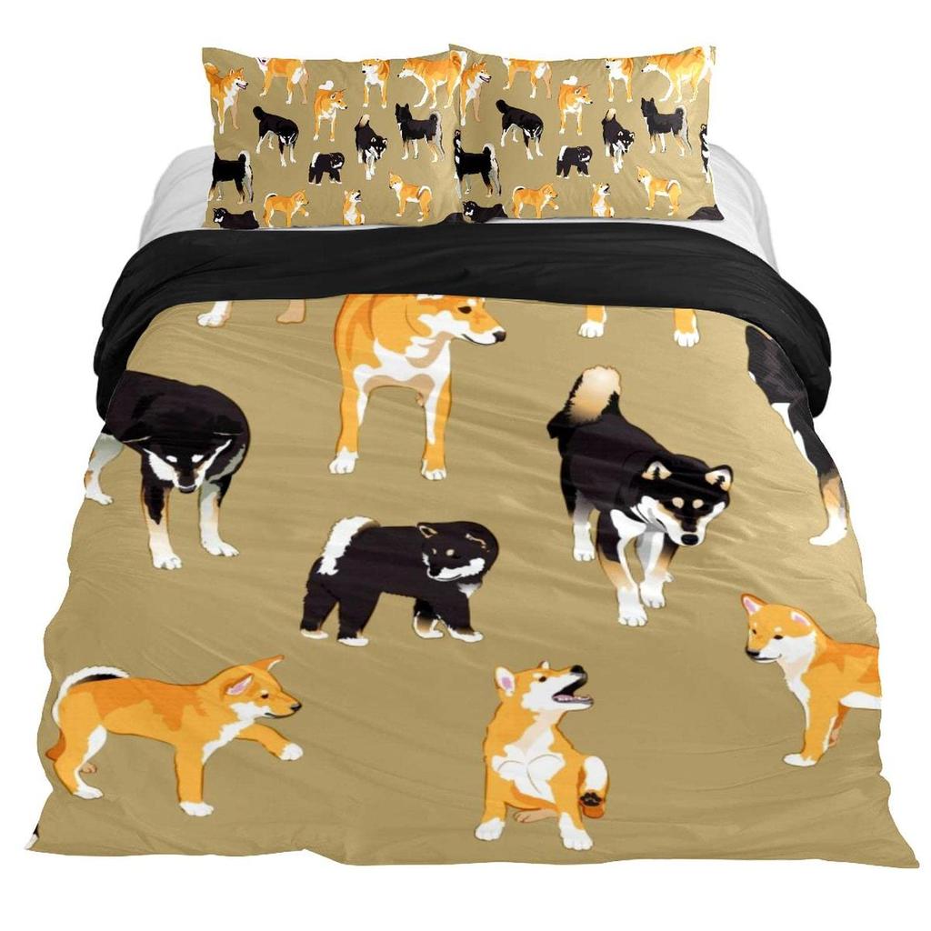 Cartoon Shiba Inu King Queen Bedding Set Yellow Pet Puppy Duvet Cover Cherry Blossoms Tree Quilt Cover Polyester Comforter Cover