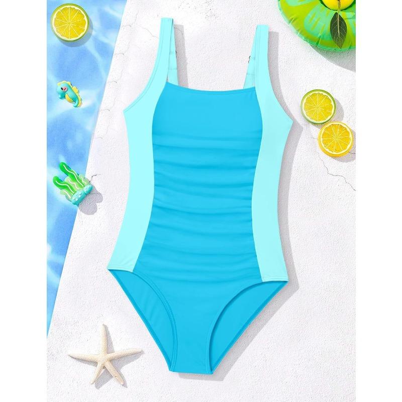

Middle-aged and Older Girls Contrast Color One-Piece Swimsuit - Age Girls Swimsuit Beach One-Piece 15-16Y озеро синього кольору