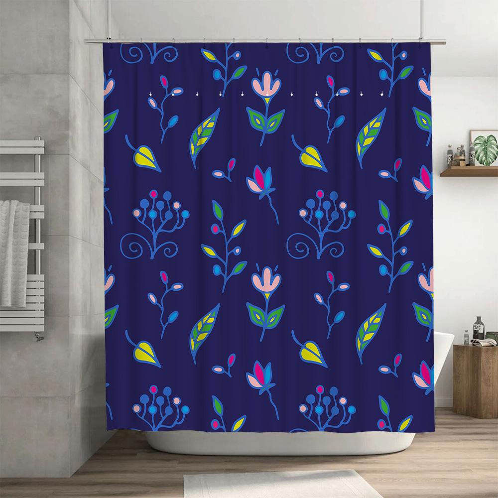 Vibrant Pattern Shower Curtain Modern Floral Design for Bathroom Decorations Washable Fabric in Blue Color with Yellow Pink Gree