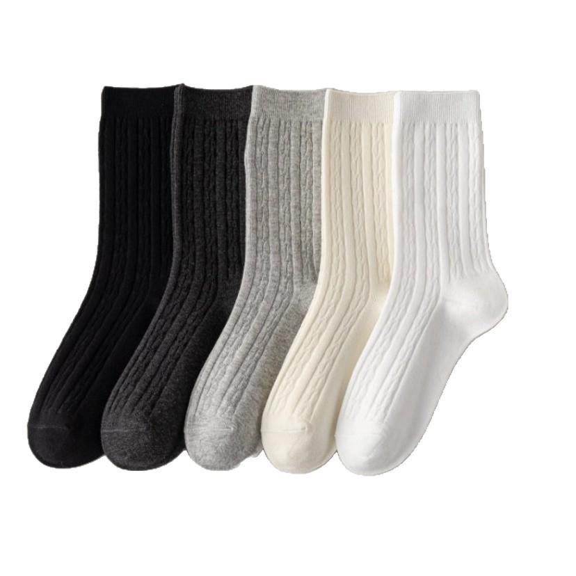 Damen Zopfmuster Mid-Calf Socken - Japanisch Retro, Reine Baumwolle, Sportlich, Scrunchy, Herbst/Winter Trend