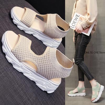 2024 New Fashionable Knitted Surface Breathable Wedge Women's Sports Sandals Sponge Cake Thick Soled Casual Sandals Plus Size