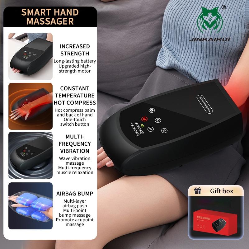 Electric Hand Massager with Airbag Compression Warm Heating Vibration Touchscreen Cordless Finger Massage Gift (Black)