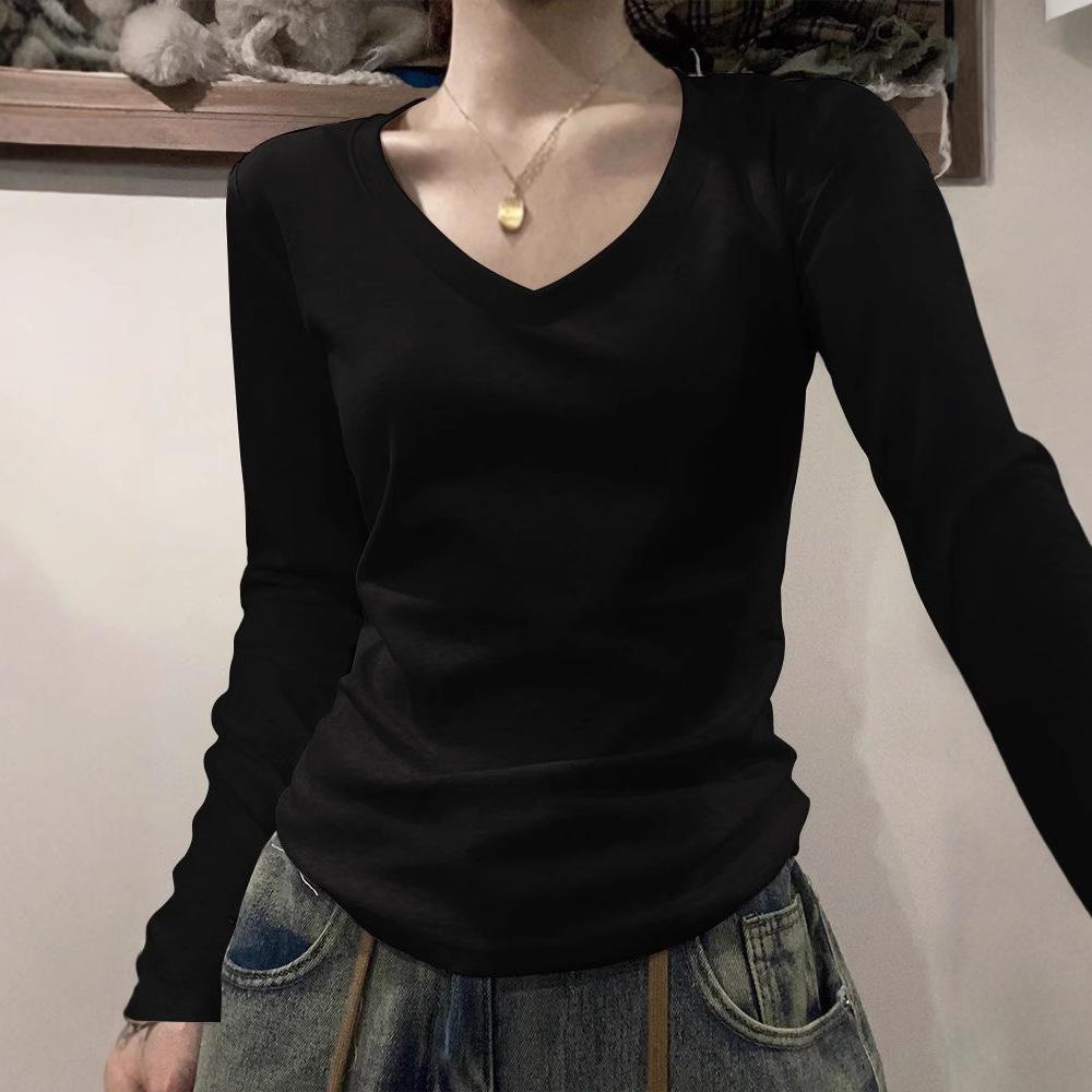 

Structured Shoulder Long Sleeve T Shirt Round Neck Slim Basic Ins Solid Color Hot Girl Base Layer Slimming Top S