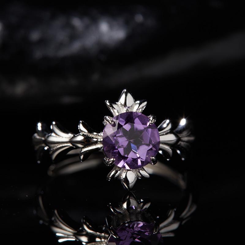 Non-Fading High-End S925 Sterling Silver 18K Gold Natural Amethyst Lucky Treasure Ring Women'S Simple Jewelry