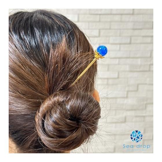 Sea Drop Kanzashi Hairpin with Luminous Firefly Glass, Miyako Marine 14mm, Glow-in-the-Dark, Gold, Single-Prong Hair Stick, Japanese Style Hair