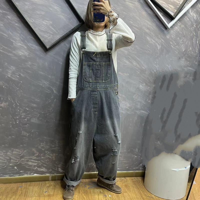 Worn Light-colored Sling Jeans Women's Casual Loose Denim Wide-leg Pants