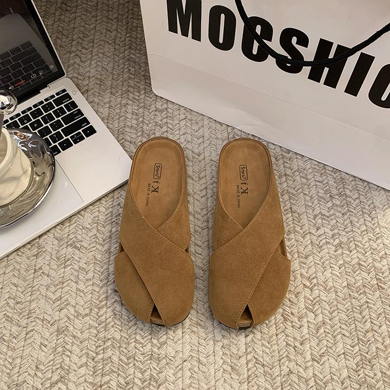 

Сумка с плоским дном, голова полубосоножки, женская верхняя одежда 2025 весна, новые ретро, нескользящие, универсальные римские сандалии на одной педали 40 верблюд