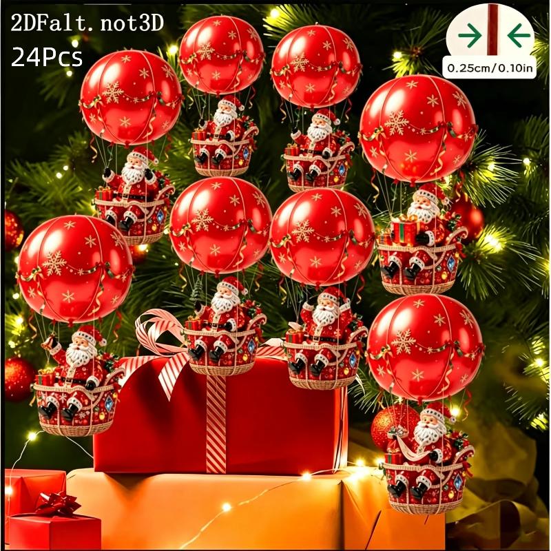 16/24/32 Pcs Wood Hot Air Balloon Santa Claus Ornament Red Christmas Hanging Ornaments Xmas Tree Pendant Holiday Gift Decoration