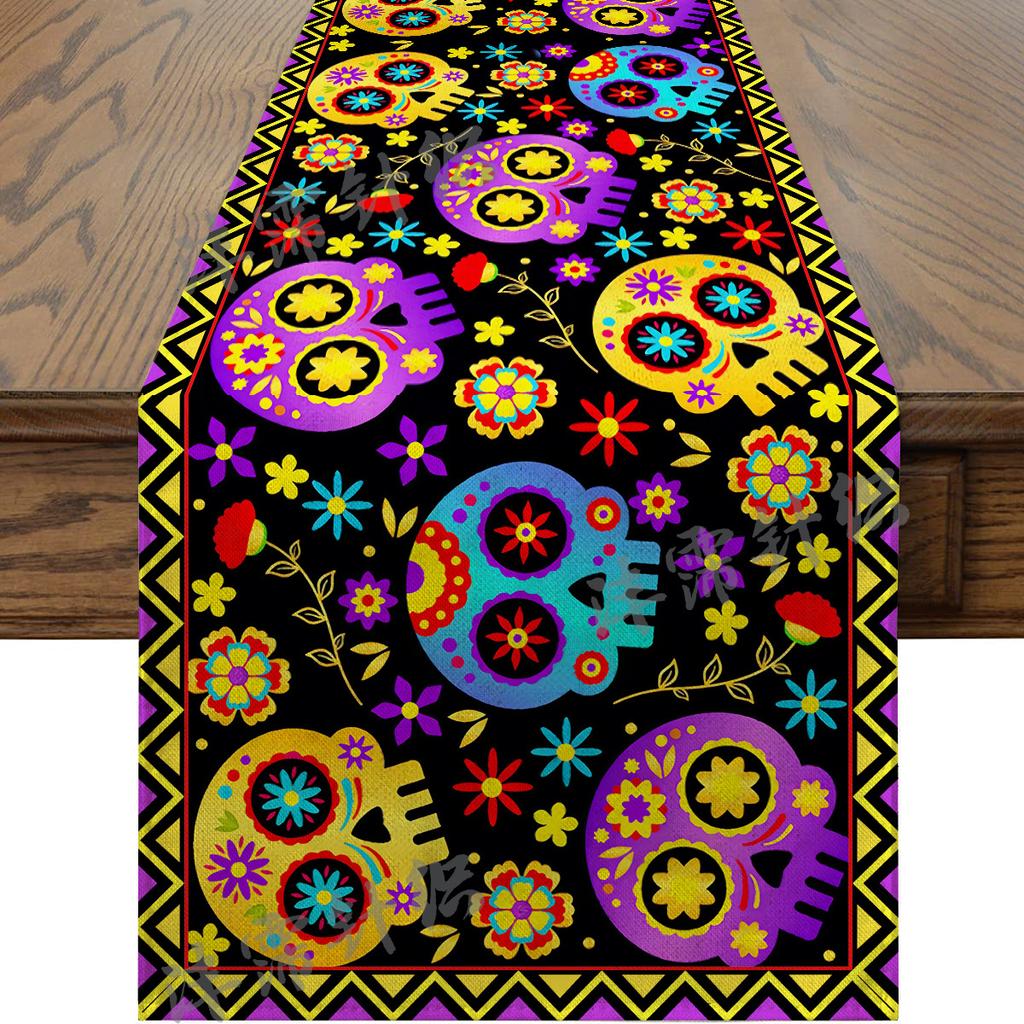 Halloween Table Runner Faux Linen Long Strip Day of the Dead Christmas Holiday Dining Decor
