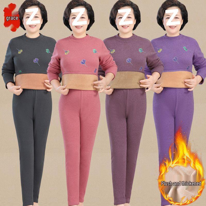 Women's Thermal Set for Elderly: Winter Two-Piece, Warm Velvet-Enhanced Underwear, Thickened Autumn Pants & Top.
