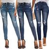 Women Mid Waisted Skinny Hole Denim Button Stretch Slim Pants Calf Length Jeans