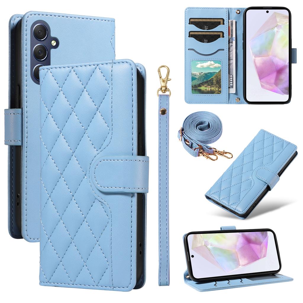 For Samsung Galaxy A35 5G Case Wallet Rhombus Leather Phone Cover with Shoulder Strap,Wrist Strap