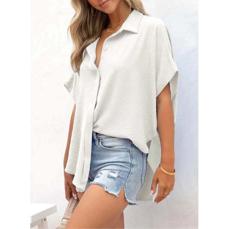 Western Style New Fashion Casual Loose Short Sleeve Lapel Shirts Top Solid Color Shirt Top