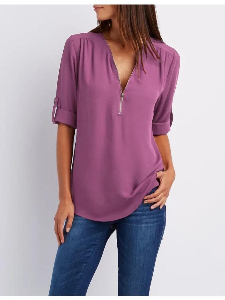 2026 Dames Cool Los Shirt Diepe V-hals Chiffon Mode Blouse Casual Dames Tops Sexy Rits Pullover Grote Maten
