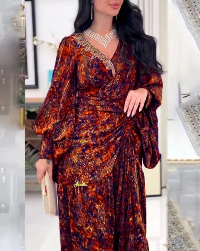 

2025 весна и лето новое длинное платье сшитая талия юбка V-образный вырез пояс с принтом платье 2XL коричневый