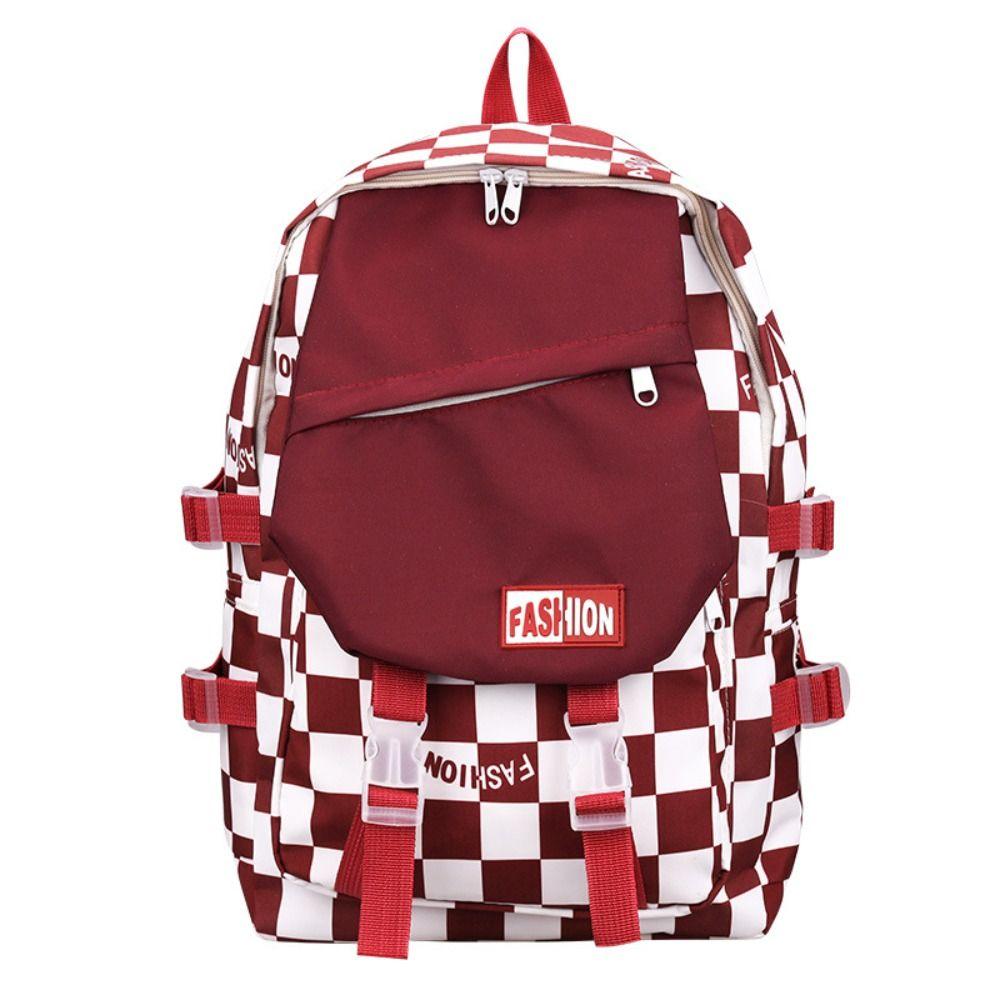 Multi-pocket Plaid Pattern Backpack Nylon Students School Bags College Students красный