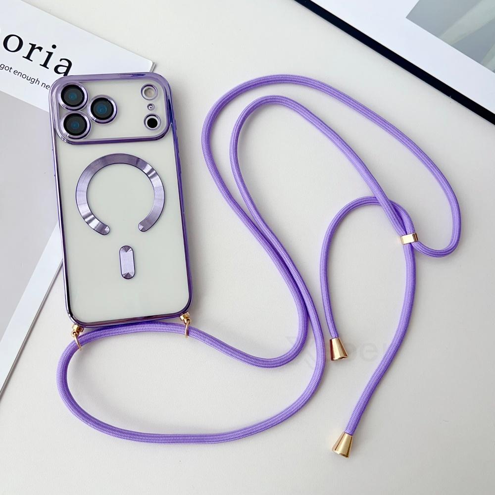 Crossbody Necklace Lanyard Plating Magnetic Case For iPhone 17 Pro Max 16 15 13 12 14 Plus Clear For Magsafe Soft Silicone Cover