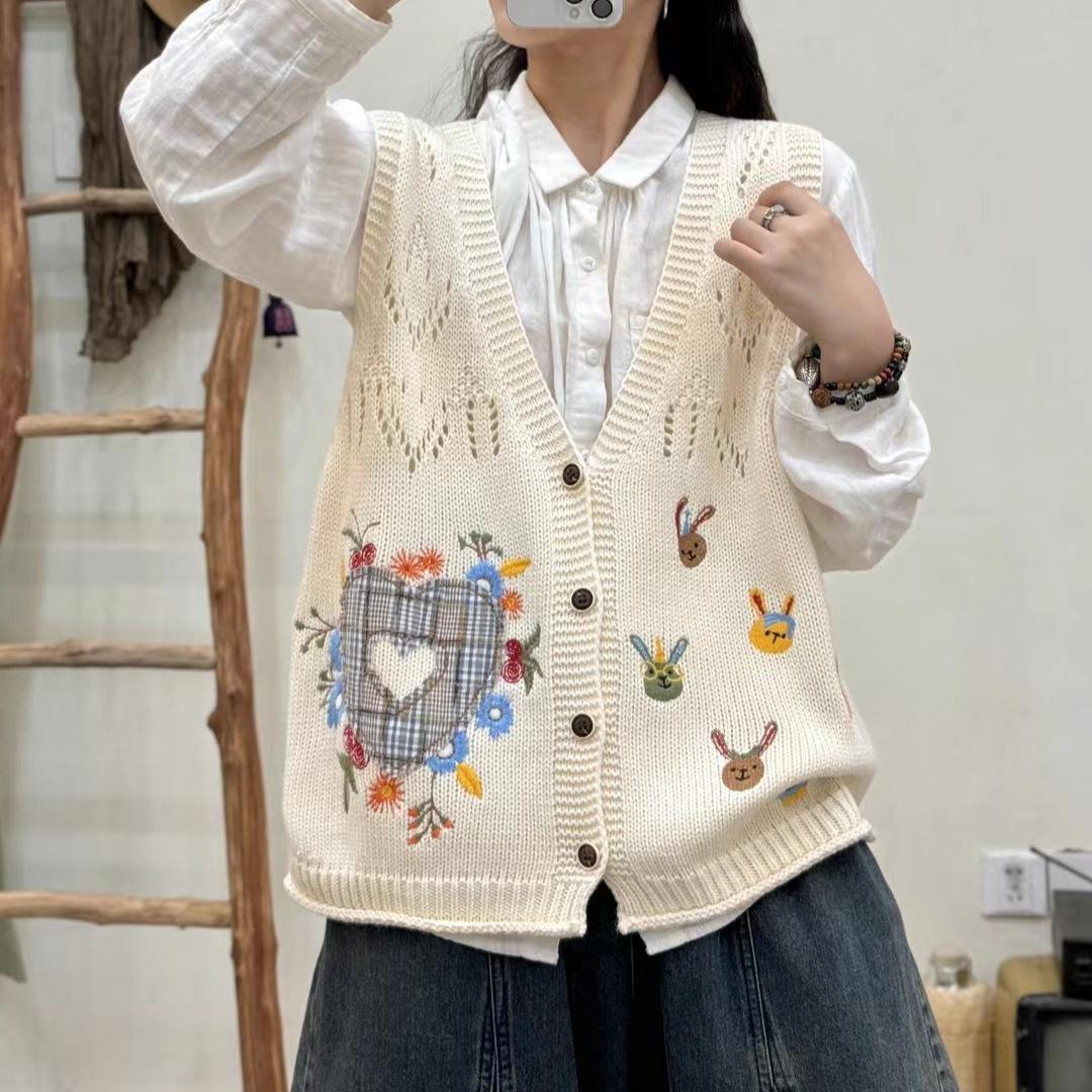 

Весенний трикотажный жилет без рукавов с V-образным вырезом и цветочной вышивкой, темпераментный свитер-майка, кардиган 3XL