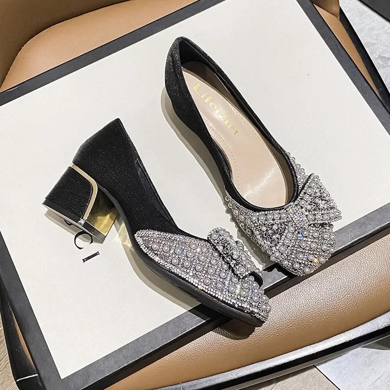 

New Women Pumps Beautiful Pearl Bowknot High Heels Shoes Girl Fashion Chunky Heels Casual Dress Shoes Big Size 43 чорний