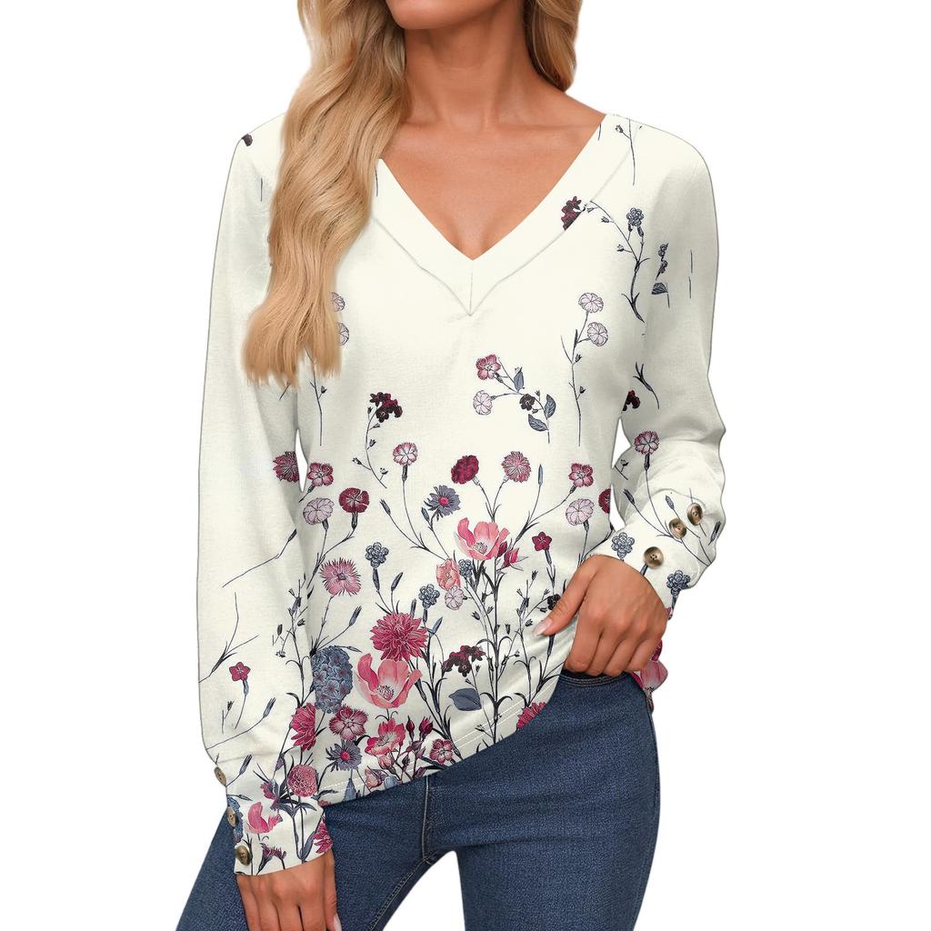 Women's Tops Long Sleeve Cuffs Button-Up Shirt V-Neck Casual Loose Tee Floral Tops