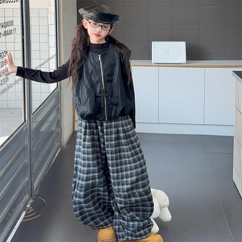 Girls' 3-Piece Autumn Set: Vest, Base Shirt & Plaid Pants for Big Kids (2025 Fashion)