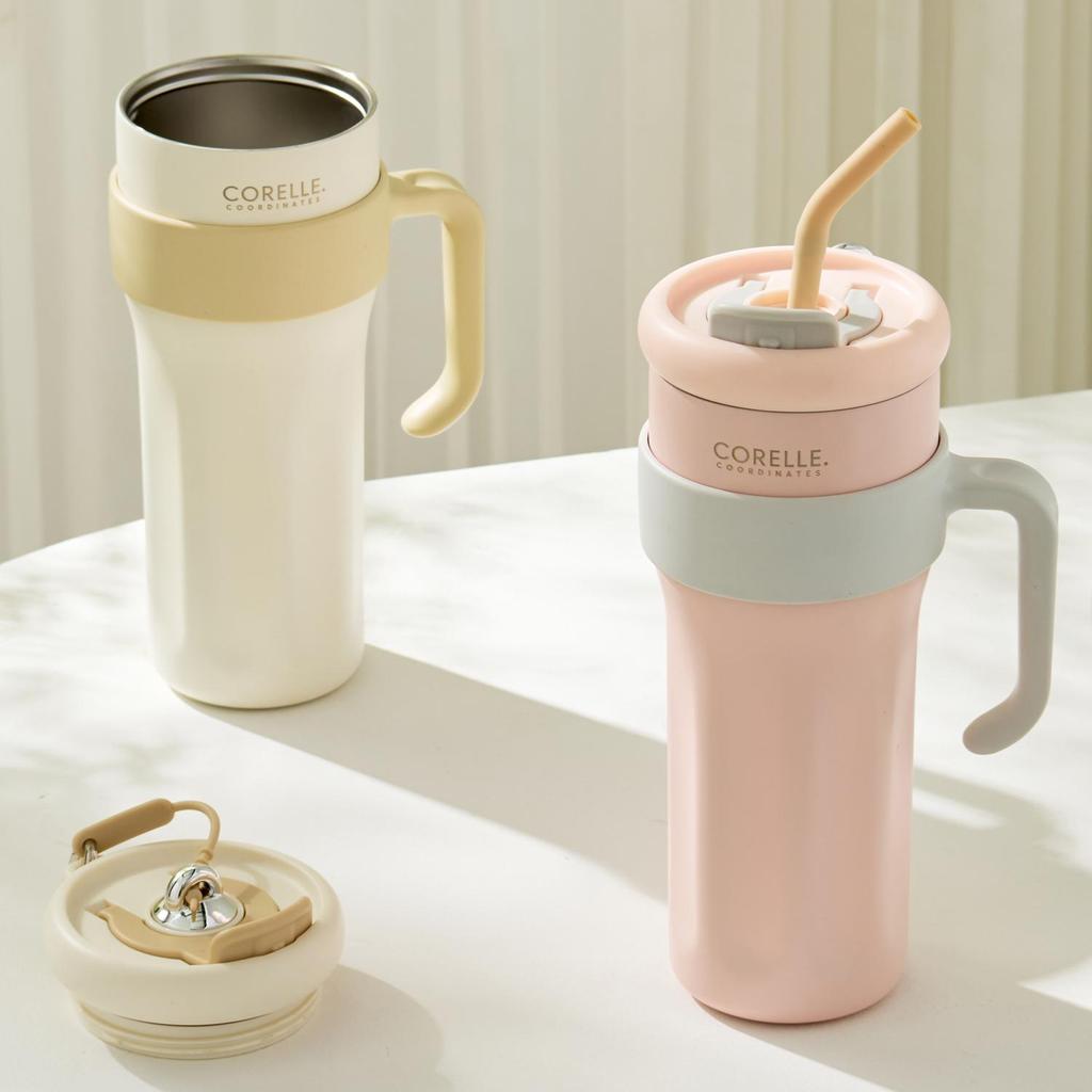 CORELLE COORDINATES Stinless Steel Vacuum Mug Tumbler (1.25L) with Straw Pink/White