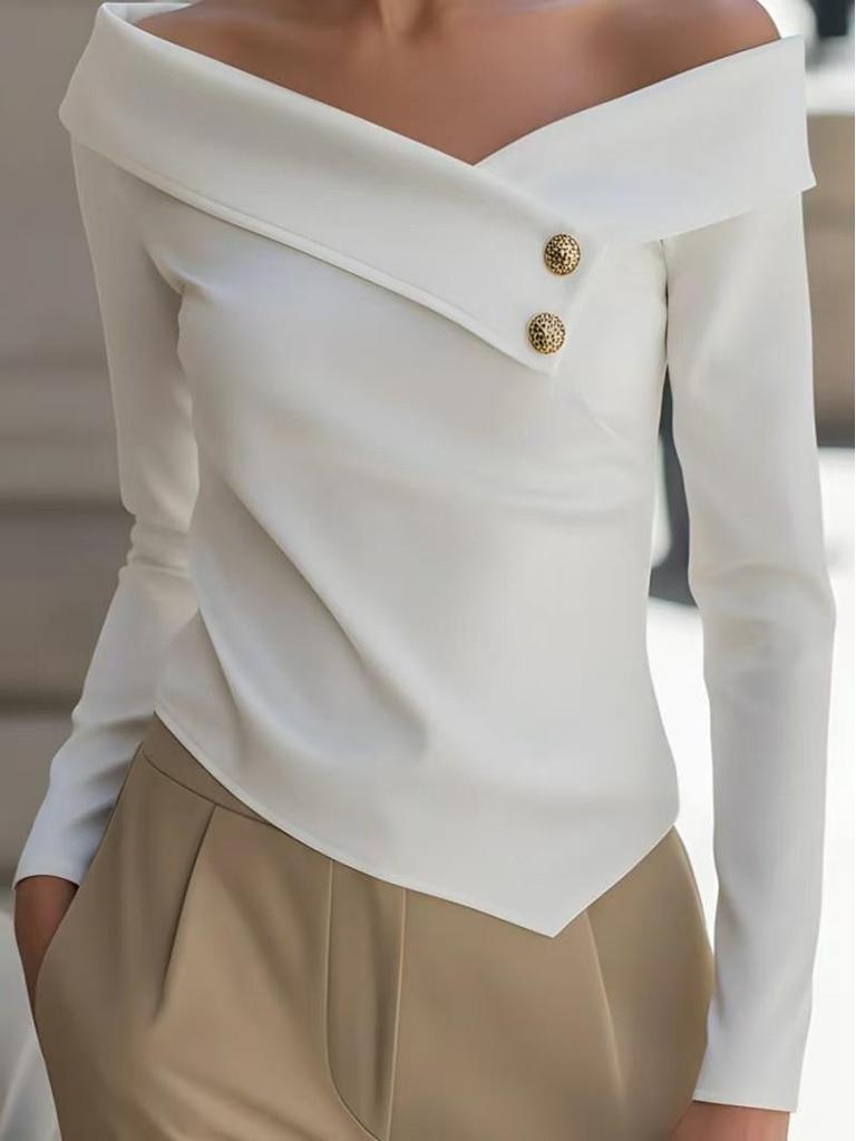 European Designer Off-Shoulder Long-Sleeve Asymmetrical Button T-Shirt for Women, 2026 Fashion