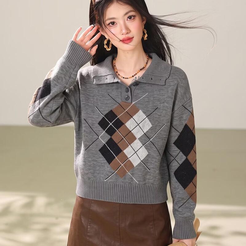 ZOSOUL Women's Long-Sleeve Argyle Polo-Collar Knit Sweater