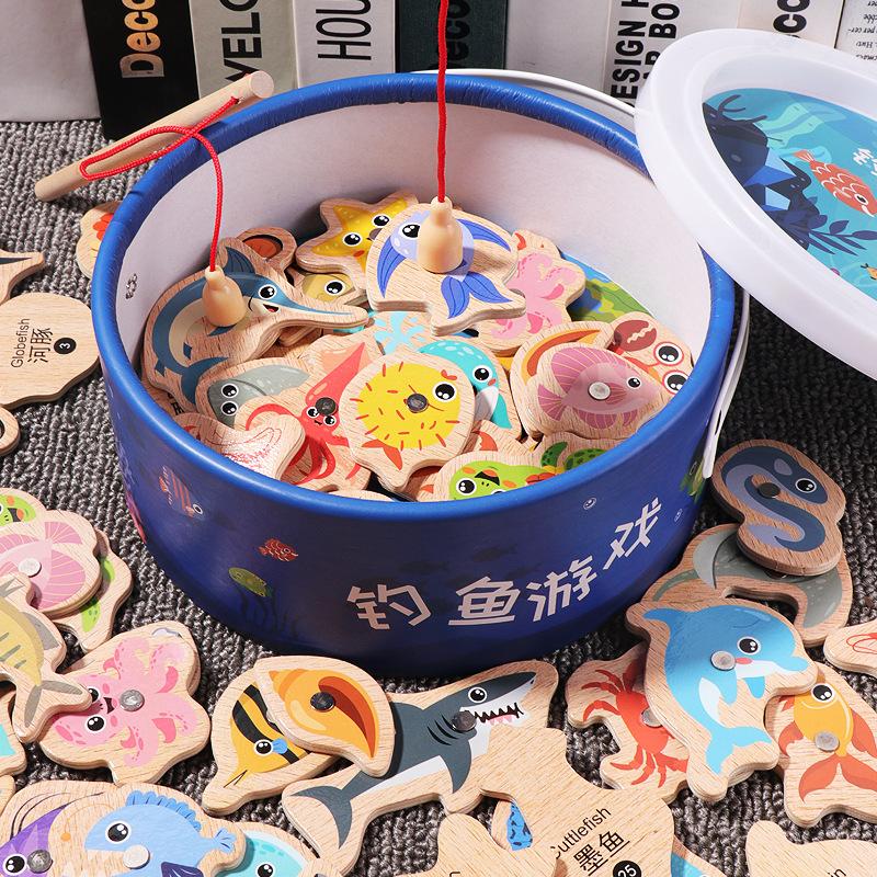 Magnetic Wooden Barrel Marine Fishing Toy Children's Early Education Educational Cognitive Fun Parent-Child Game