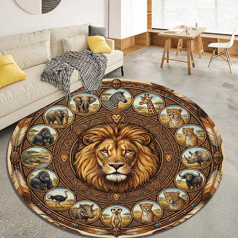 Retro Mandala Lion Round Area Rug,Carpet Rug for Living Room Bedroom Sofa Playroom Decor,Non-slip Floor Mat Q0037