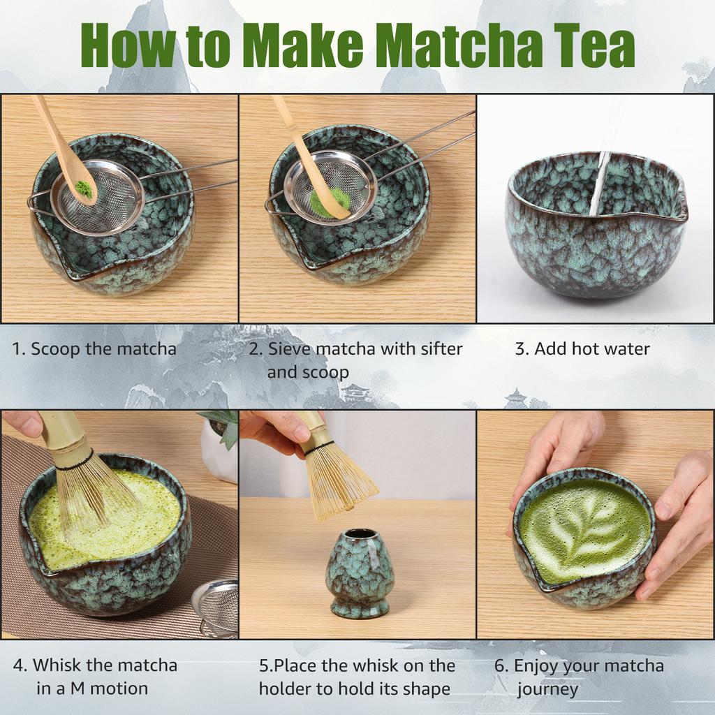 5/6 Pcs Matcha Tea Making Tool Set Ceramic Matcha Bowls with Whisk Holder Scoop and Sifter Teas set for Beginners and Tea Lovers