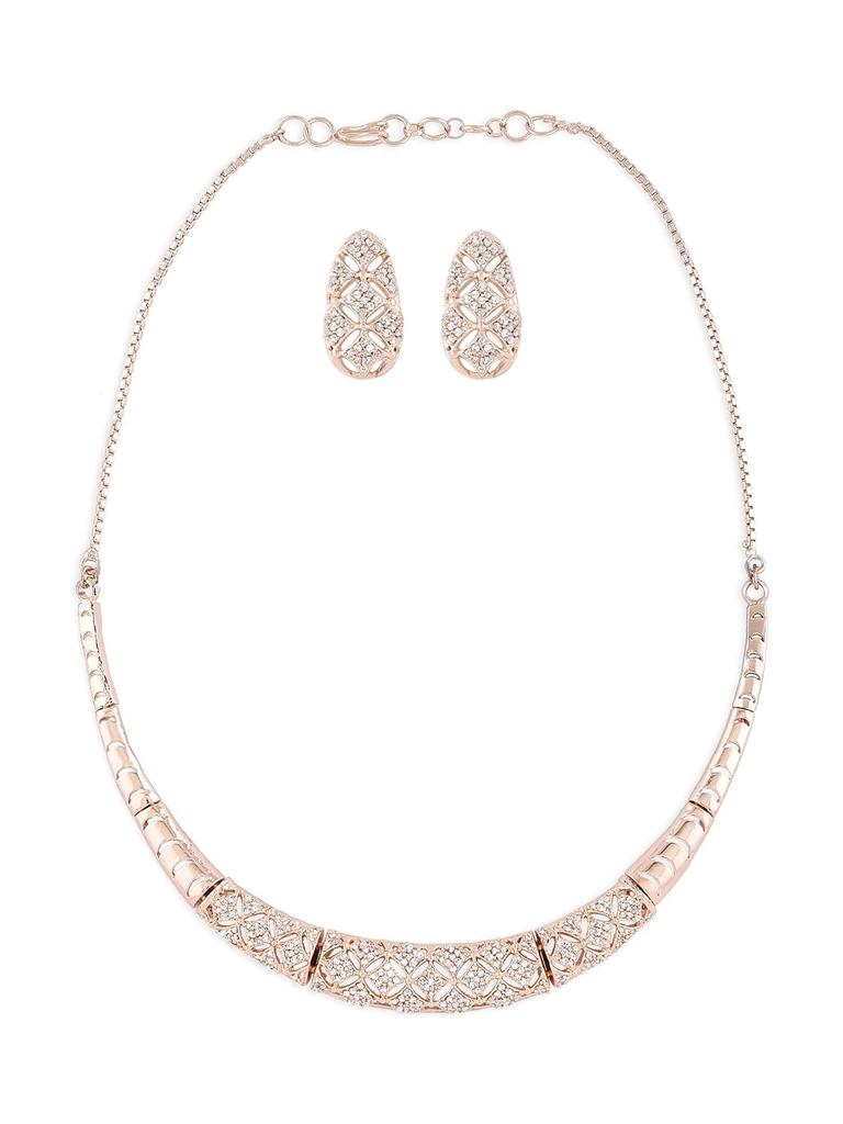 Rose Gold Cubic Zirconia Party Bling Necklace & Earring Set For Women-ZPFK15274