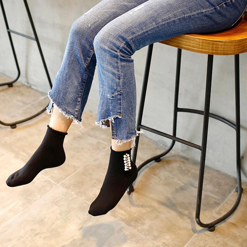 Black/White Korean Reto Pearl Socks Women Elastic Cotton Handmade Meias Creative Socks Harajuku Calcetines Mujer