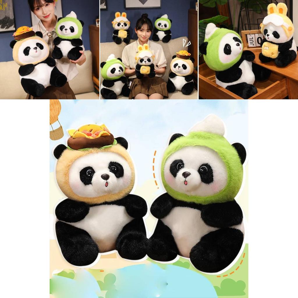 Adorable Panda Plush Toy With Ice Cream And Hamburger Delivery Outfit Perfect For Kids Birthday Gifts