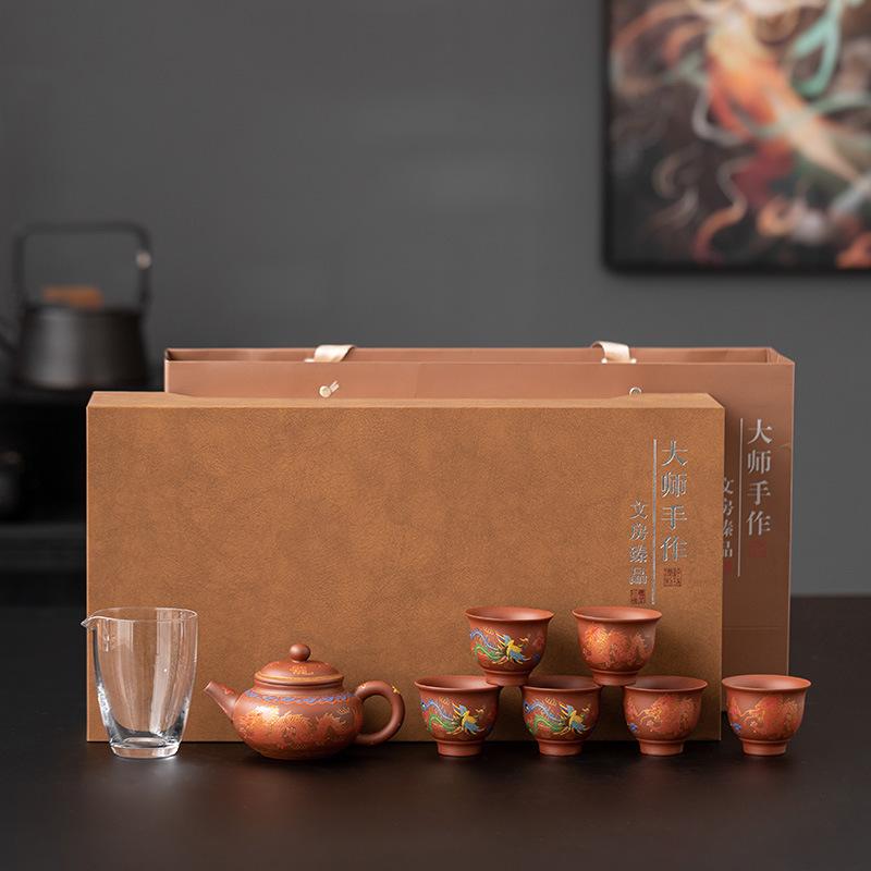 

Чайный сервиз в фиолетовом глиняном горшке в стиле кунг-фу, наполовину ручной работы, в виде дракона-феникса из необработанной руды, подарочный набор в коробке