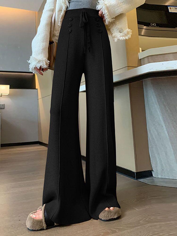 2025 Women's High-Waisted Slimming Wide-Leg Knitted Pants - Autumn/Winter Style, Loose Fit, Straight-Leg Design