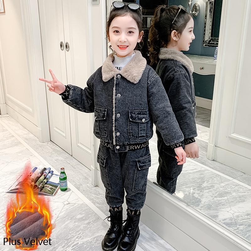 Girl's Clothing Set Girls Thickening Denim Sets Fashion Two-piece Suits Denim Jacket and Pant 2pcs Suit Plue Velvet