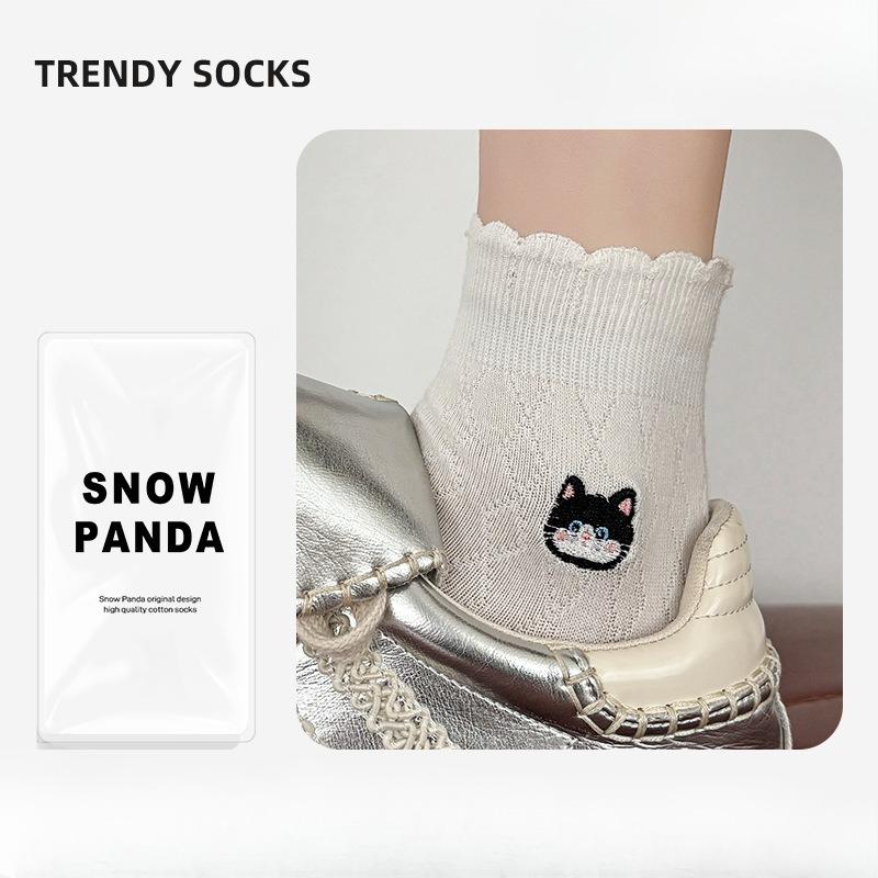 Sock Children's Mesh Breathable Short Socks for Spring and Summer, Pure Cotton Socks with Cat Embroidery and Ear Fungus Lace Trim.