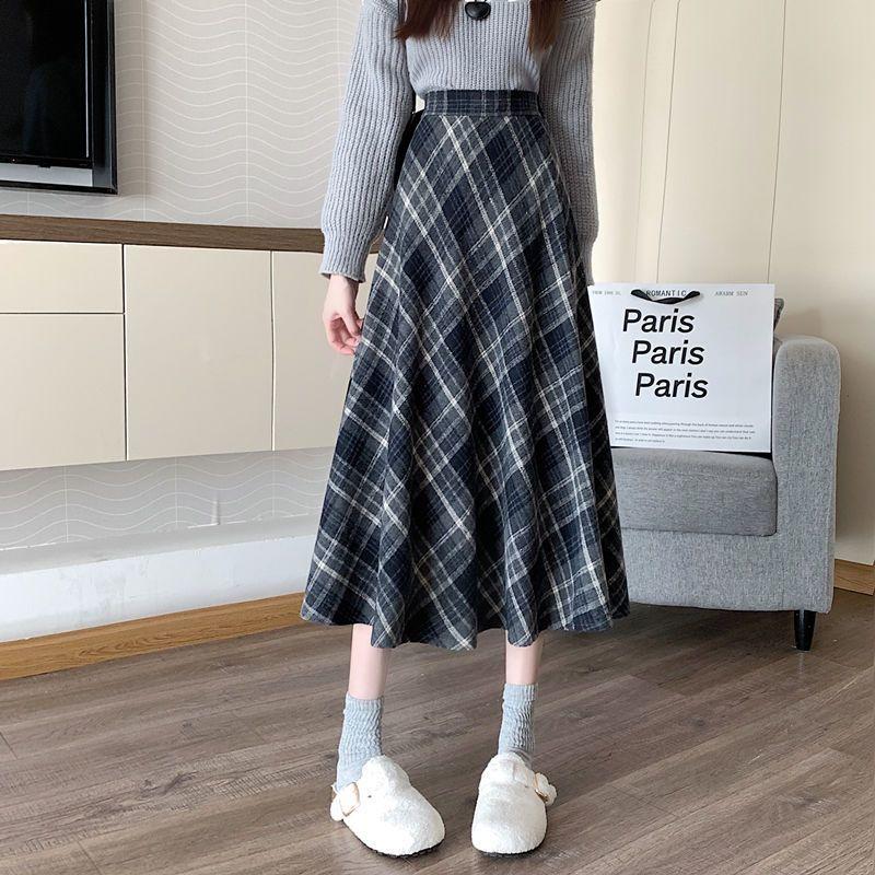 Coffee Wool Plaid Skirt for Women with High Waist Slim Skirt for A-line Midi-length Umbrella Skirt