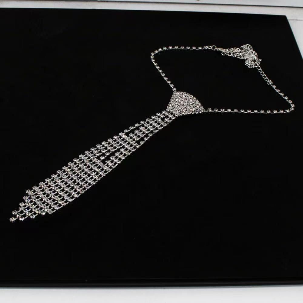 Charm Tie Shape Necklace Exaggerated Crystal Chain Choker Rhinestone Tassel Necklace  Party