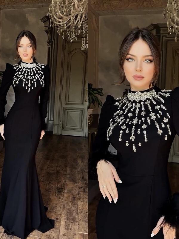 2025 Black High Neck Hot Drill Feather Bodycon Bandage Dress with Long Sleeves.