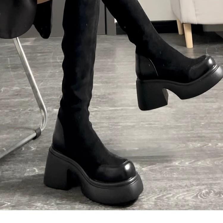 Knight Boots 2025 Autumn and Winter New Versatile Boots Women's Elastic Boots Knee Boots Women's Platform High Heels Women's Shoes