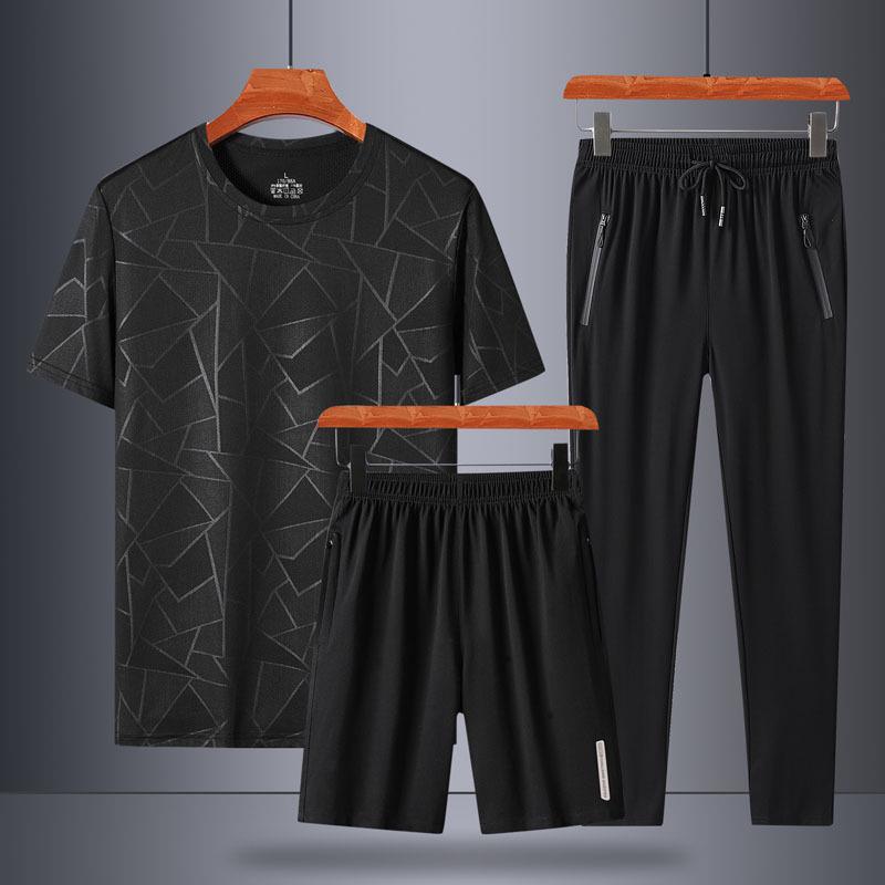 2024 Men's Ice Silk Summer Set: Short-Sleeve T-Shirt, Dad Style, Three-Piece for Middle-Aged and Elderly