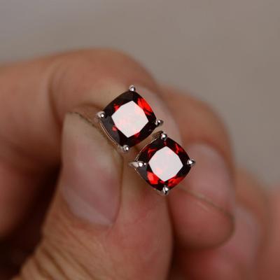 2022 Princess Cut Garnet Red Stone Earrings Stud Cushion Style Red Stone January Birthstone Earrings