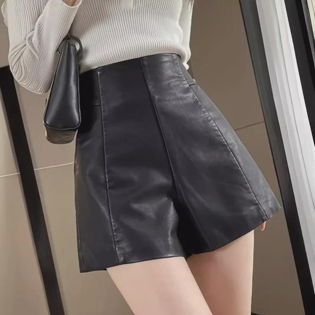 2024 Women's High-Waist PU Leather A-Line Wide-Leg Shorts for Autumn & Winter - Versatile Outdoor Wear