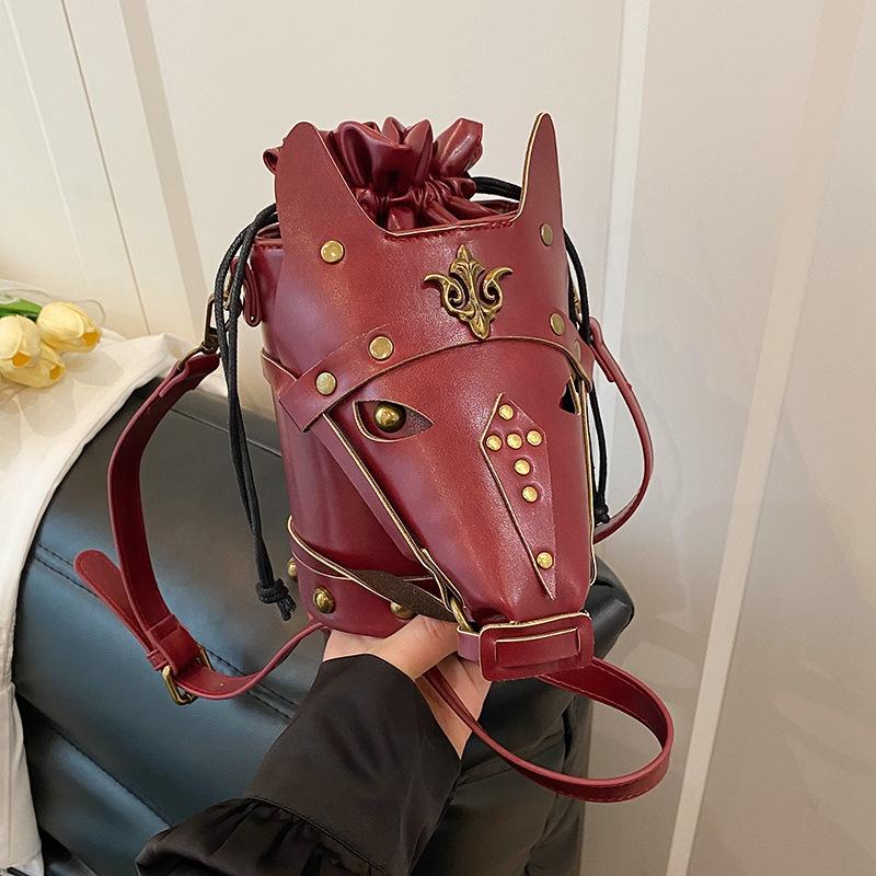 Funny Shoulder Bag Vintage Style Creative Horse Head Mask Bucket Bag Unique Niche Single Shoulder Crossbody Bag for Women