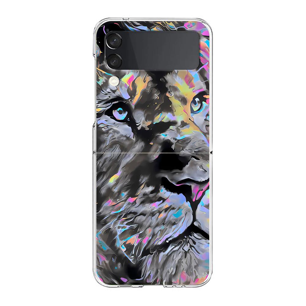 Abstract Surreal Animal Lion Clear Phone Case For Samsung Galaxy Z Flip 3 4 5 Hard Folding PC Shell For Samsung Z Flip3 Cover