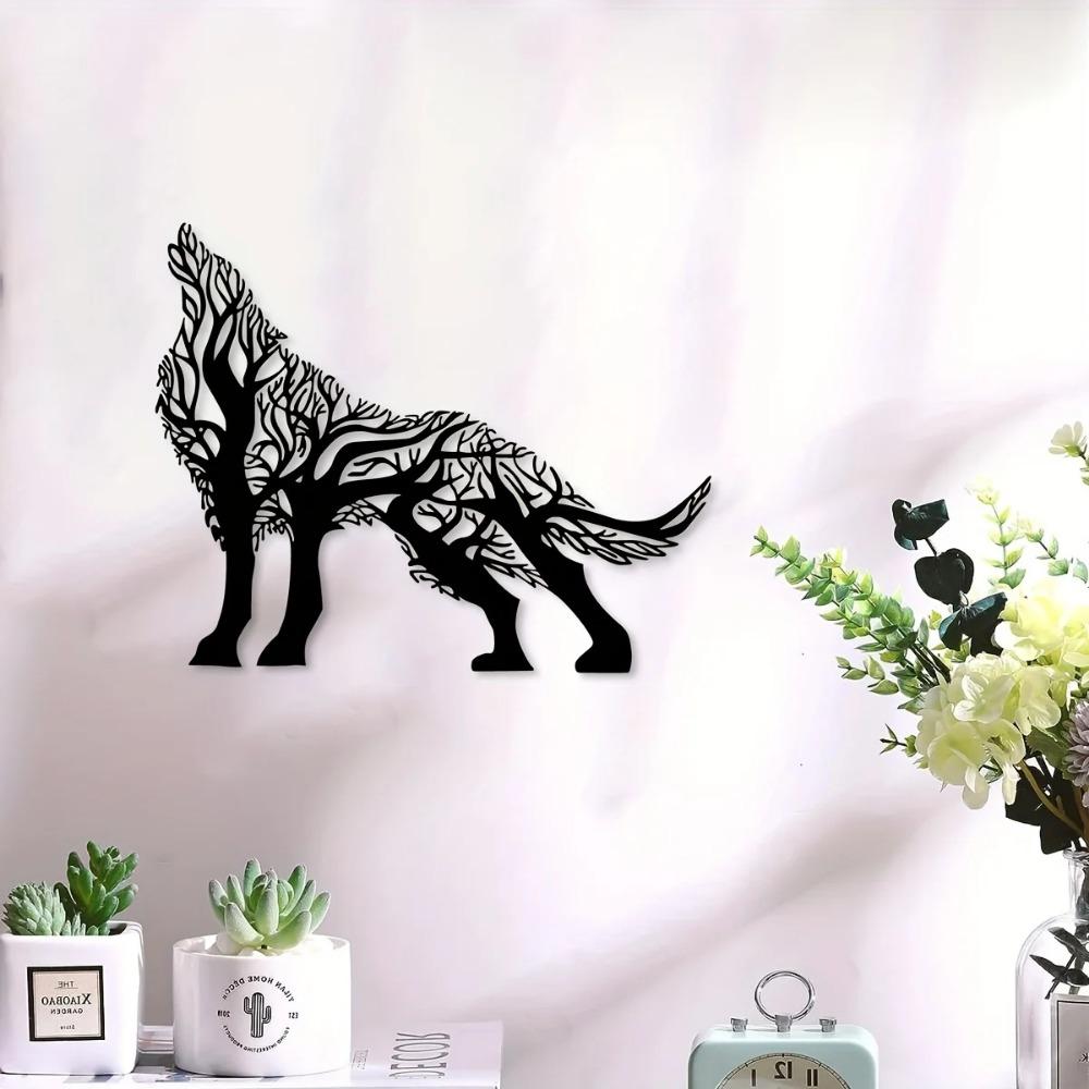 Wanddekoration aus Eisen mit Baumzweig und Wolf, einzigartige Innendekoration, ideal für die Wohnzimmerwand, stilvoll und elegant